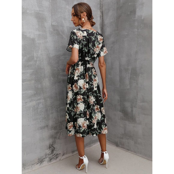 boho yellow Floral Shirred Wrap midi Dress - Picture 9 of 10